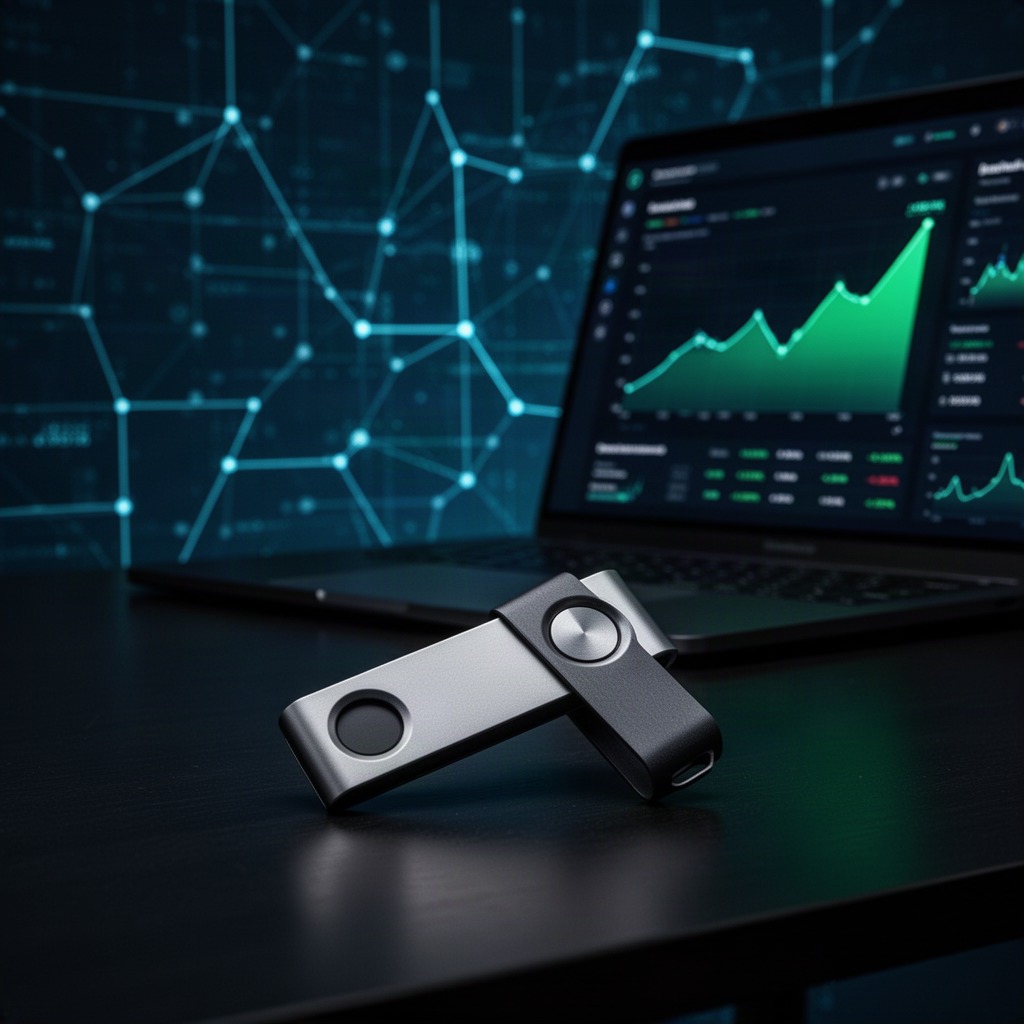 A Trezor hardware wallet connected by cable to a laptop running the Trezor Suite wallet interface